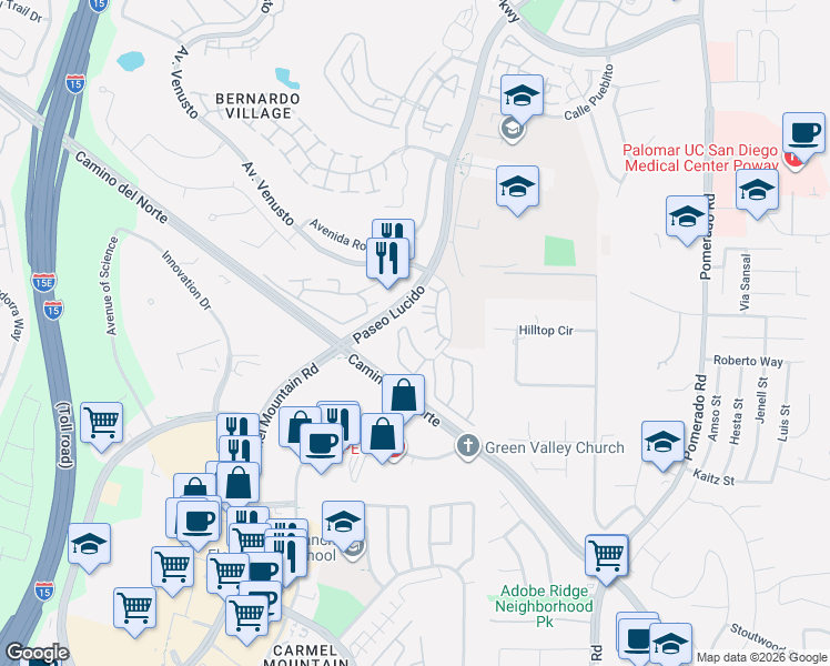 map of restaurants, bars, coffee shops, grocery stores, and more near 15024 Avenida Venusto in San Diego