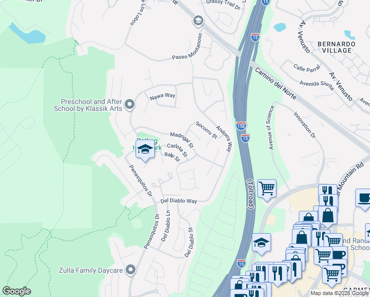 map of restaurants, bars, coffee shops, grocery stores, and more near 11178 Carlota Street in San Diego