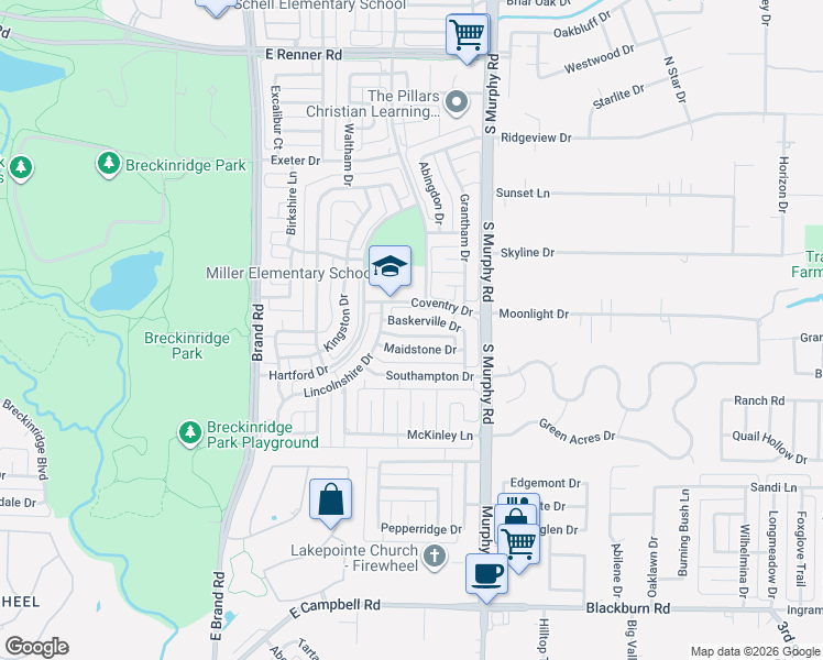 map of restaurants, bars, coffee shops, grocery stores, and more near 5701 Maidstone Drive in Richardson