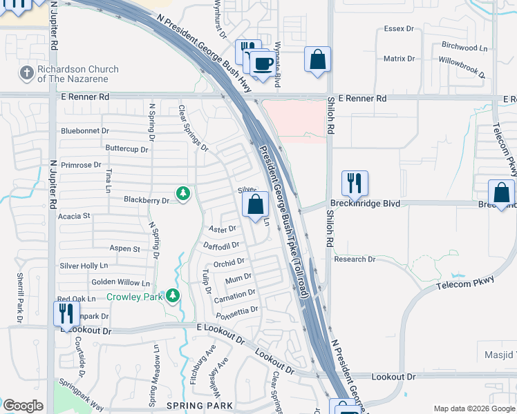 map of restaurants, bars, coffee shops, grocery stores, and more near 3016 Silver Springs Lane in Richardson