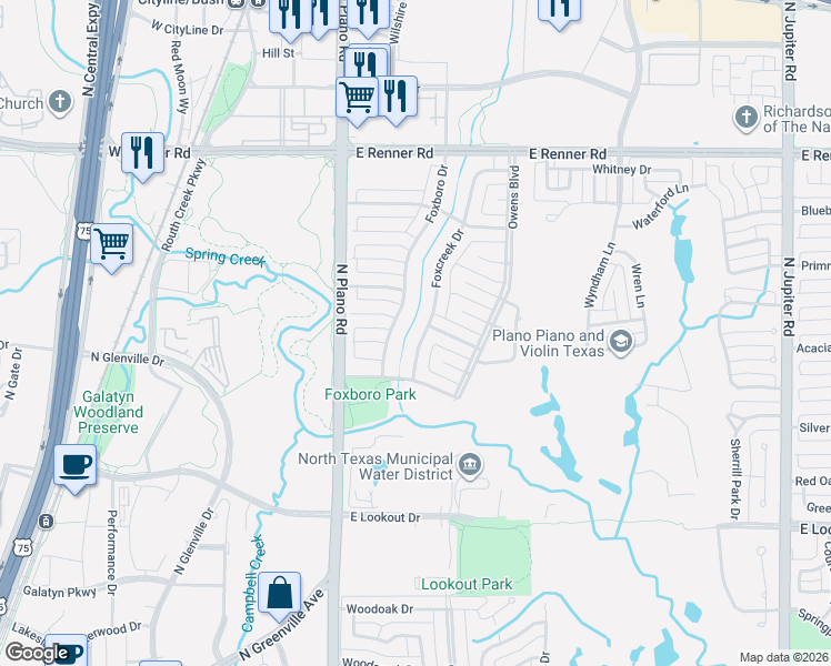 map of restaurants, bars, coffee shops, grocery stores, and more near 2704 Foxcreek Drive in Richardson