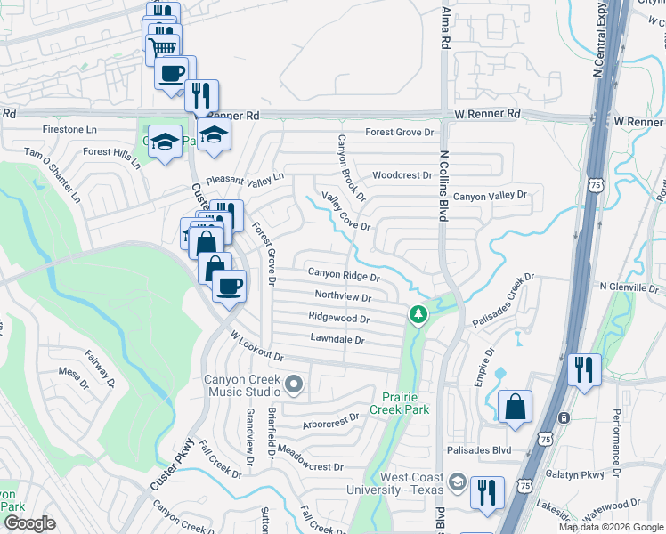 map of restaurants, bars, coffee shops, grocery stores, and more near 400 Canyon Ridge Drive in Richardson