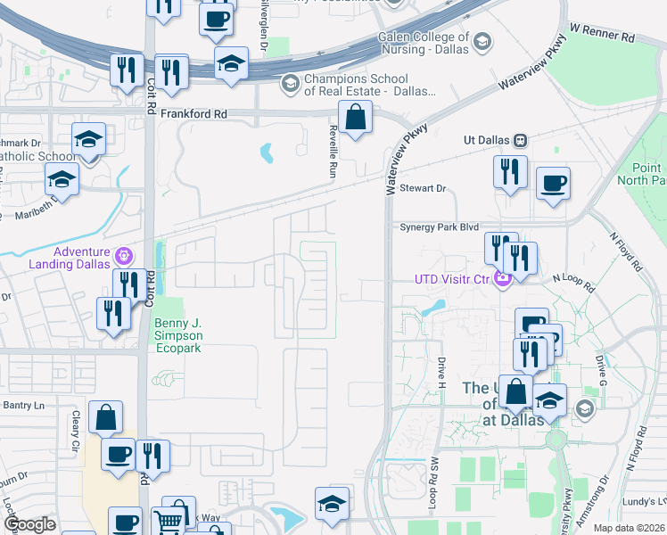 map of restaurants, bars, coffee shops, grocery stores, and more near 17676 Bottlebrush Drive in Dallas