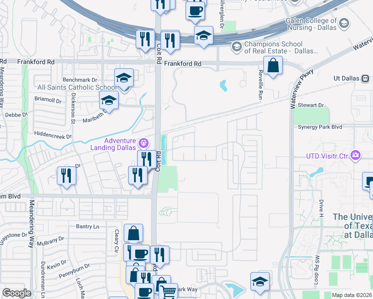 map of restaurants, bars, coffee shops, grocery stores, and more near 17633 Pinyon Lane in Dallas