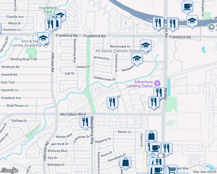 map of restaurants, bars, coffee shops, grocery stores, and more near 17490 Meandering Way in Dallas