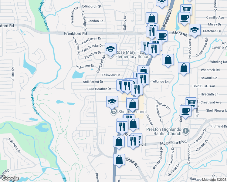map of restaurants, bars, coffee shops, grocery stores, and more near 6022 Glen Heather Drive in Dallas