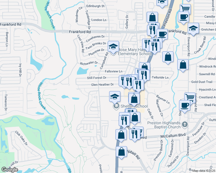 map of restaurants, bars, coffee shops, grocery stores, and more near 5942 Glen Heather Drive in Dallas