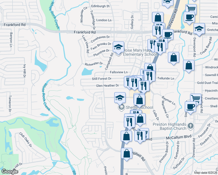 map of restaurants, bars, coffee shops, grocery stores, and more near 5503 Preston Fairways Drive in Dallas