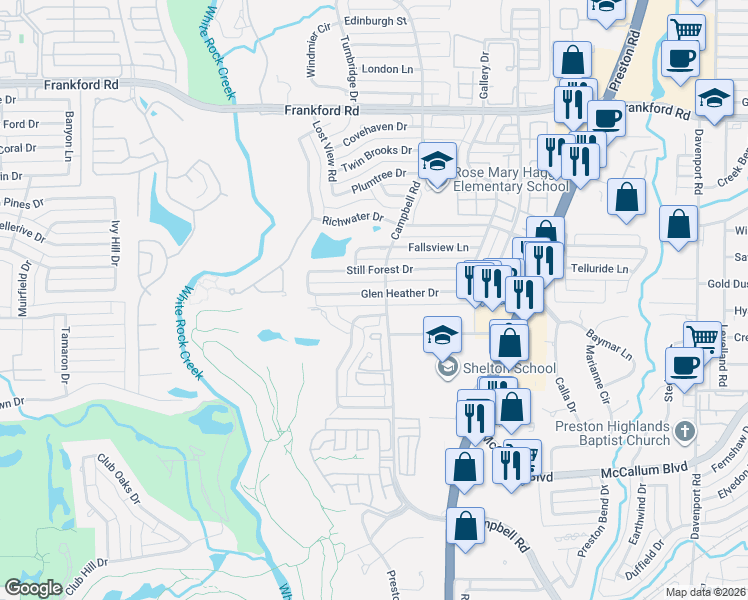 map of restaurants, bars, coffee shops, grocery stores, and more near 5503 Preston Fairways Drive in Dallas