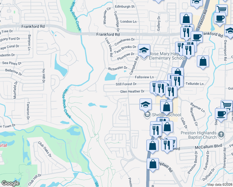 map of restaurants, bars, coffee shops, grocery stores, and more near 5527 Preston Fairways Drive in Dallas