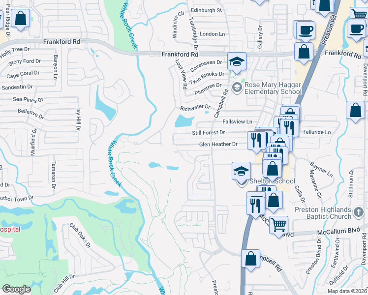 map of restaurants, bars, coffee shops, grocery stores, and more near 5411 Preston Fairways Circle in Dallas