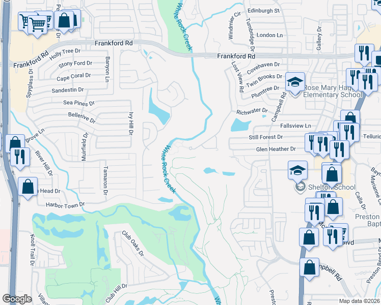 map of restaurants, bars, coffee shops, grocery stores, and more near 17616 Cedar Creek Canyon Drive in Dallas