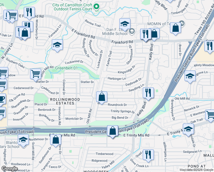 map of restaurants, bars, coffee shops, grocery stores, and more near 2315 Seedling Lane in Dallas
