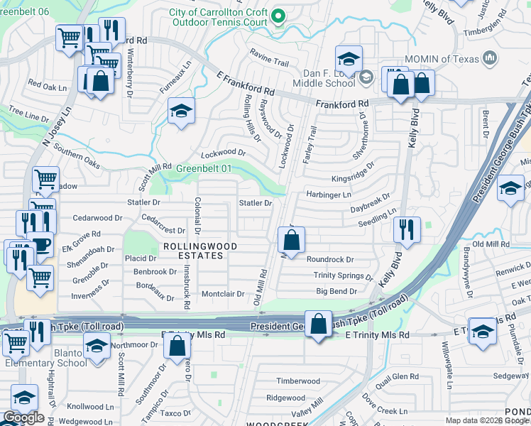 map of restaurants, bars, coffee shops, grocery stores, and more near 2314 Sheraton Drive in Carrollton