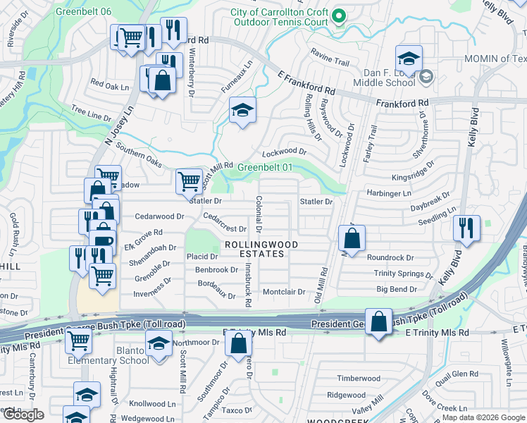 map of restaurants, bars, coffee shops, grocery stores, and more near 2204 Sheraton Drive in Carrollton