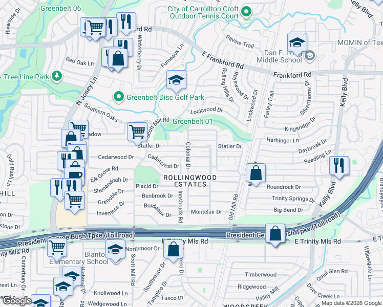 map of restaurants, bars, coffee shops, grocery stores, and more near 2204 Sheraton Drive in Carrollton