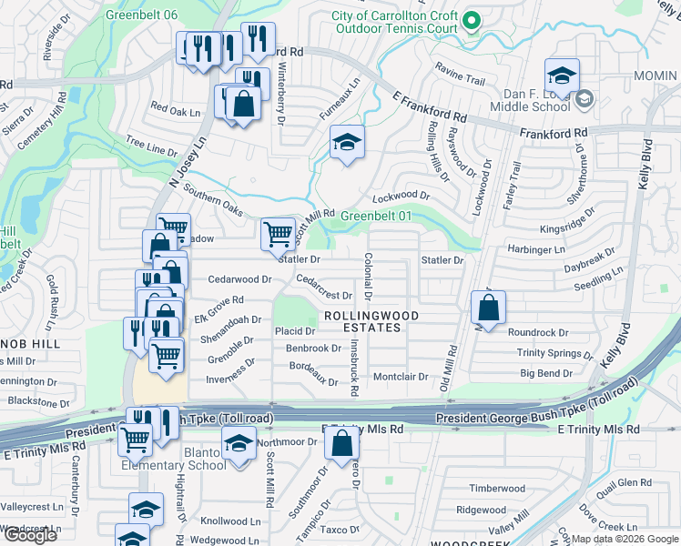map of restaurants, bars, coffee shops, grocery stores, and more near 2116 Sheraton Drive in Carrollton