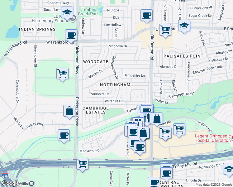 map of restaurants, bars, coffee shops, grocery stores, and more near 2803 Staffordshire Drive in Carrollton