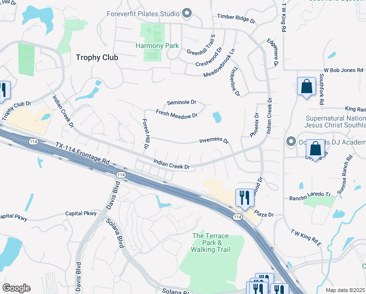 map of restaurants, bars, coffee shops, grocery stores, and more near 5 Crickett Court in Trophy Club
