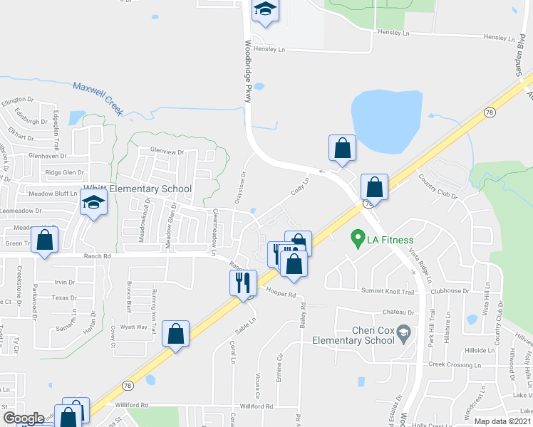 map of restaurants, bars, coffee shops, grocery stores, and more near Cody Lane in Sachse