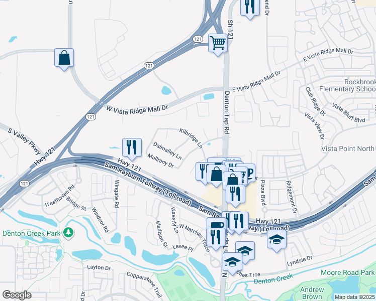 map of restaurants, bars, coffee shops, grocery stores, and more near 143 Fallkirk Drive in Coppell
