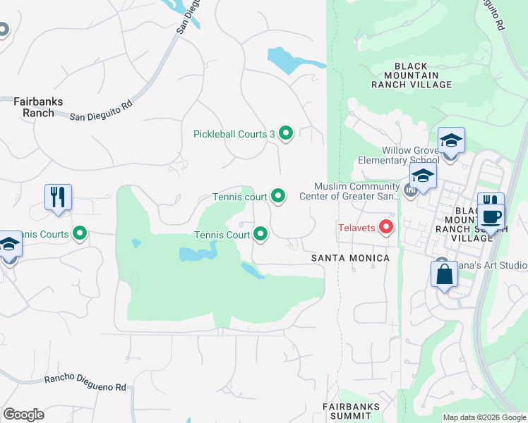 map of restaurants, bars, coffee shops, grocery stores, and more near 6823 Spyglass Lane in Rancho Santa Fe