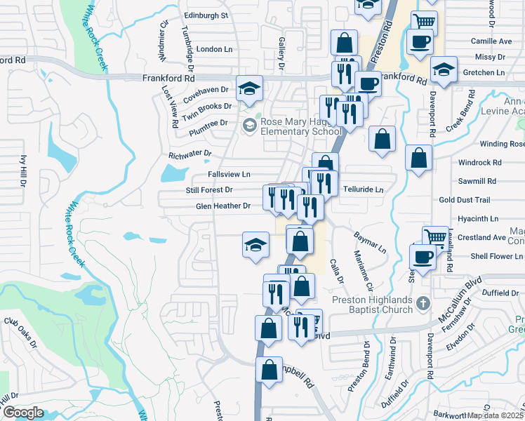 map of restaurants, bars, coffee shops, grocery stores, and more near 6022 Glen Heather Drive in Dallas