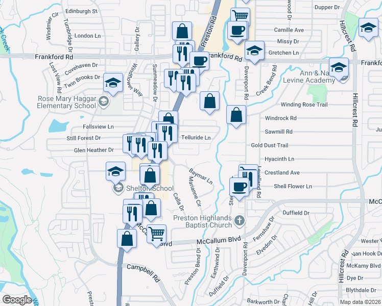 map of restaurants, bars, coffee shops, grocery stores, and more near 17505 Marianne Circle in Dallas
