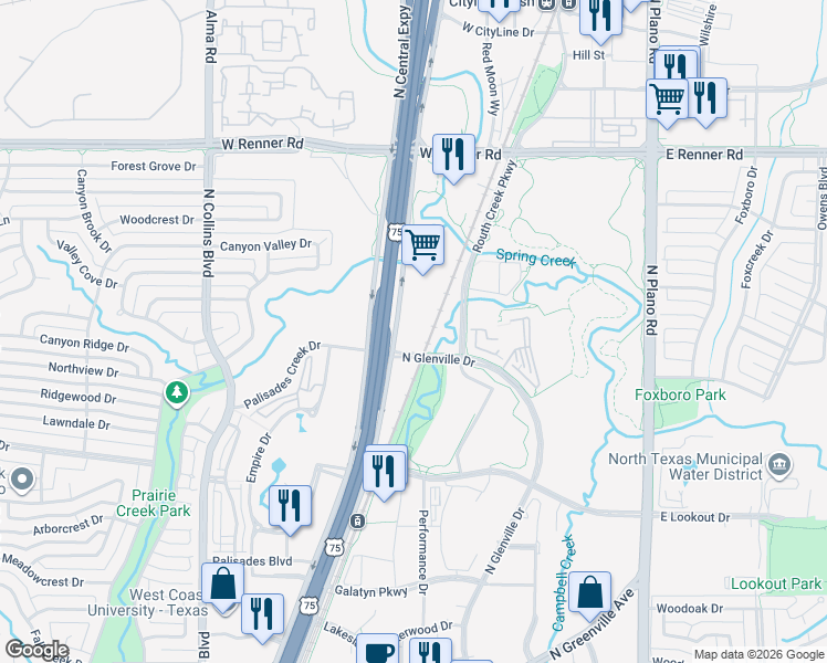 map of restaurants, bars, coffee shops, grocery stores, and more near 2710-2764 N Central Expy in Richardson