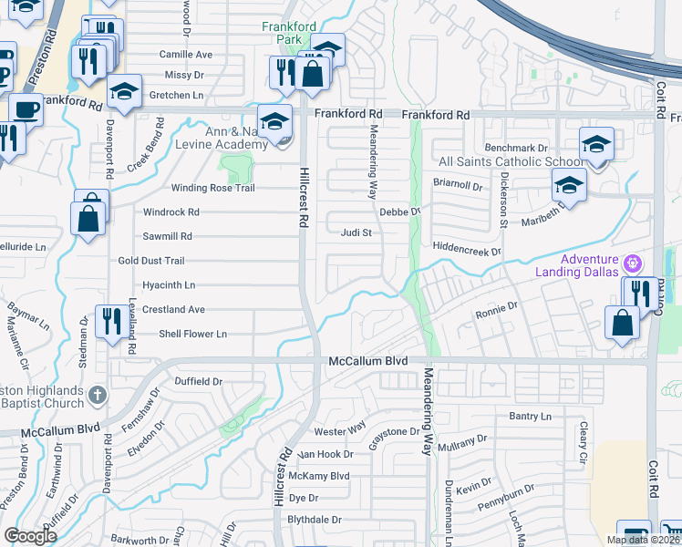 map of restaurants, bars, coffee shops, grocery stores, and more near 6827 Blue Mesa Drive in Dallas