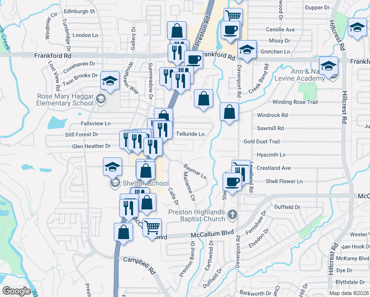 map of restaurants, bars, coffee shops, grocery stores, and more near 17505 Marianne Circle in Dallas