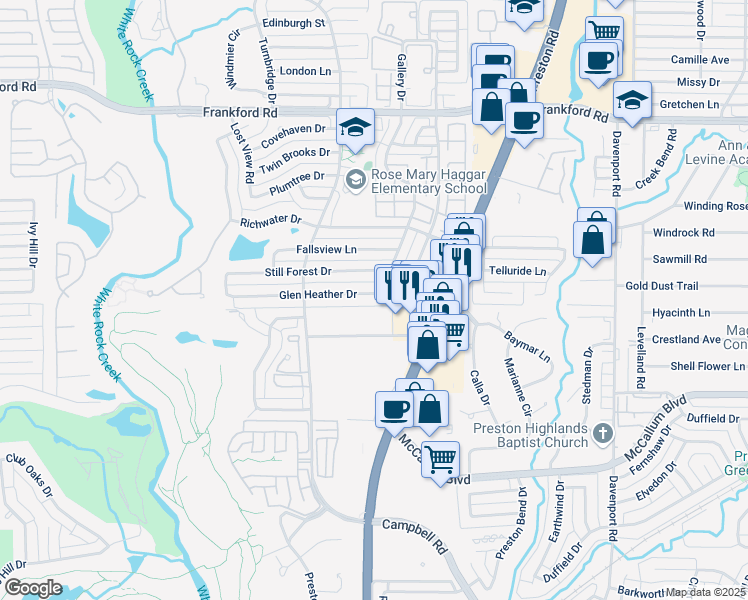 map of restaurants, bars, coffee shops, grocery stores, and more near 6022 Glen Heather Drive in Dallas