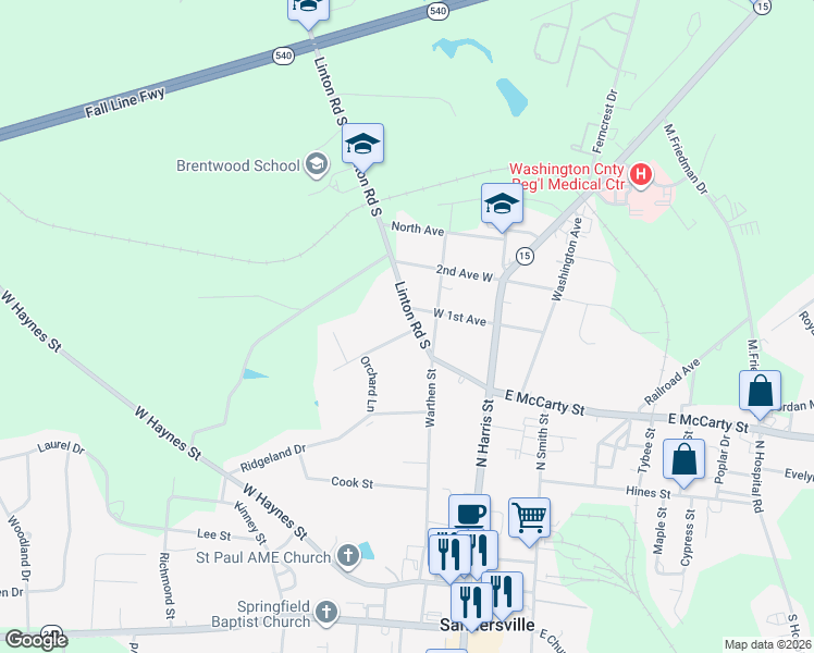 map of restaurants, bars, coffee shops, grocery stores, and more near 204 Miamola Avenue in Sandersville