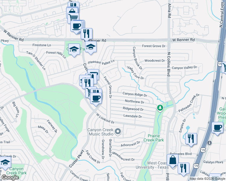 map of restaurants, bars, coffee shops, grocery stores, and more near 425 Canyon Ridge Drive in Richardson