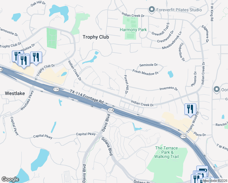 map of restaurants, bars, coffee shops, grocery stores, and more near 1 Troon Drive in Trophy Club