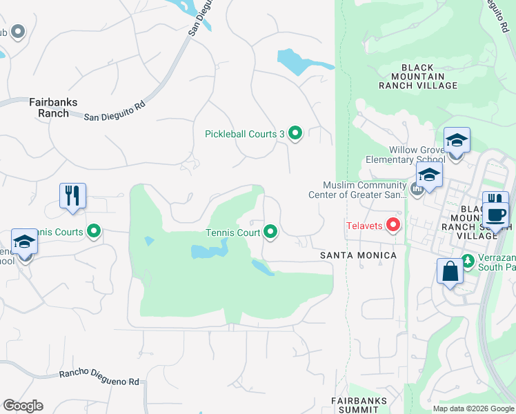 map of restaurants, bars, coffee shops, grocery stores, and more near 6823 Spyglass Lane in Rancho Santa Fe
