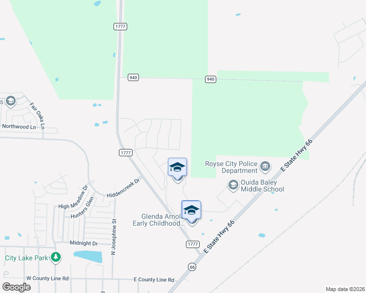 map of restaurants, bars, coffee shops, grocery stores, and more near 1900 Ridgecrest Drive in Royse City