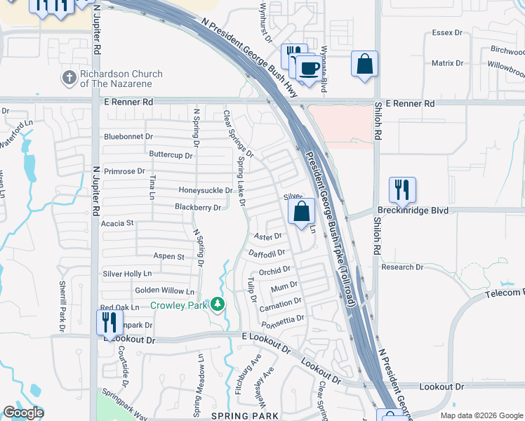 map of restaurants, bars, coffee shops, grocery stores, and more near 2669 Daisy Lane in Richardson