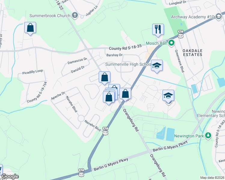 map of restaurants, bars, coffee shops, grocery stores, and more near 2 Orangeburg Rd in Summerville