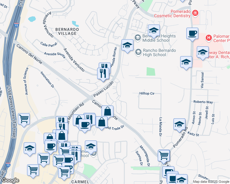 map of restaurants, bars, coffee shops, grocery stores, and more near 15032 Avenida Venusto in San Diego