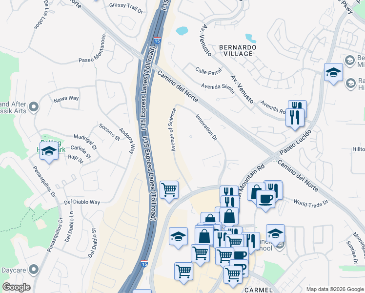 map of restaurants, bars, coffee shops, grocery stores, and more near 15073 Avenue of Science in San Diego