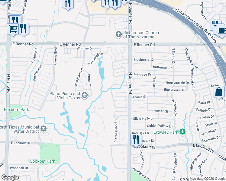 map of restaurants, bars, coffee shops, grocery stores, and more near 2006 Pebble Beach Court in Richardson