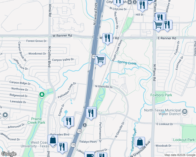 map of restaurants, bars, coffee shops, grocery stores, and more near 2710-2764 N Central Expy in Richardson