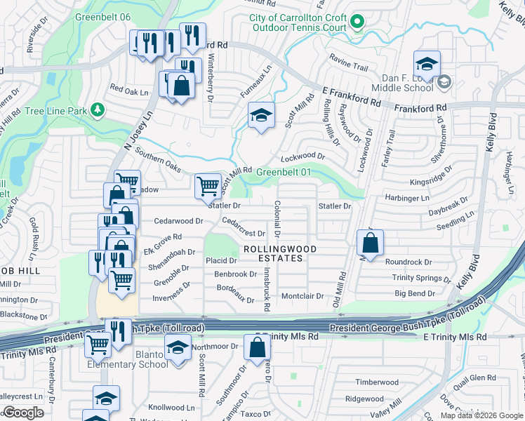 map of restaurants, bars, coffee shops, grocery stores, and more near 2116 Sheraton Drive in Carrollton