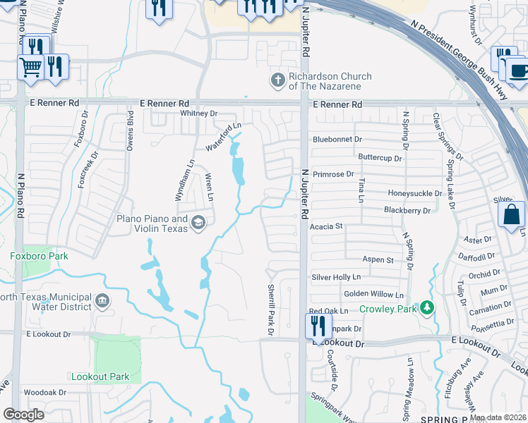 map of restaurants, bars, coffee shops, grocery stores, and more near 2006 Pebble Beach Court in Richardson