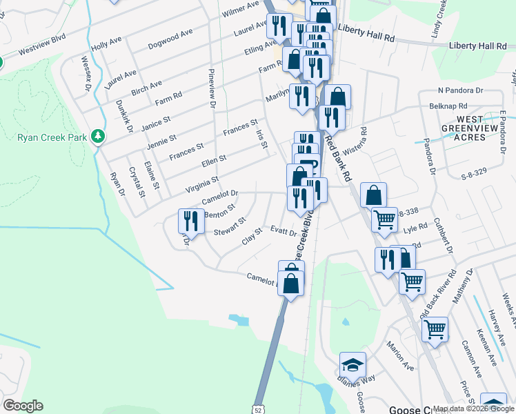 map of restaurants, bars, coffee shops, grocery stores, and more near 111 Stewart Street in Goose Creek