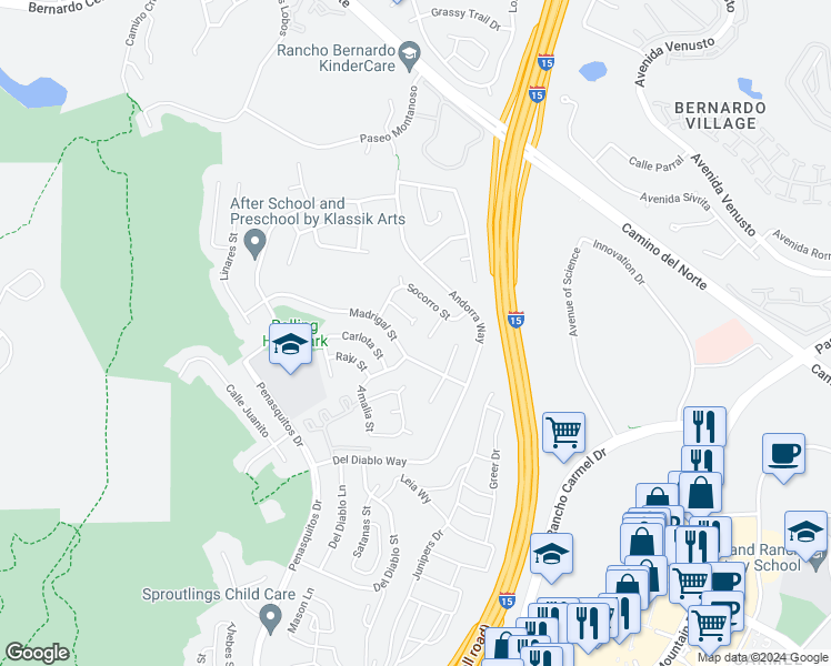 map of restaurants, bars, coffee shops, grocery stores, and more near 11179 Socorro Court in San Diego