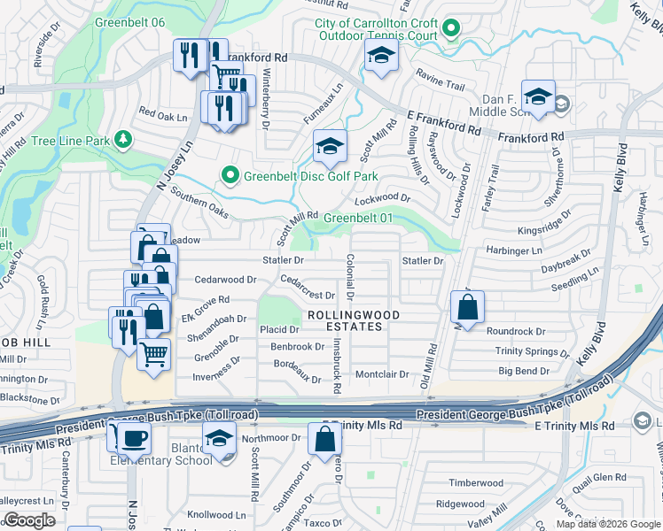 map of restaurants, bars, coffee shops, grocery stores, and more near 2116 Sheraton Drive in Carrollton