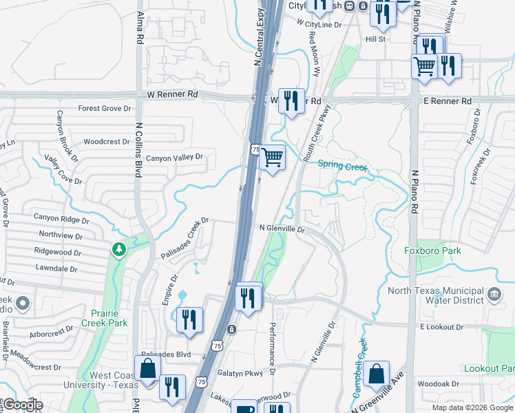 map of restaurants, bars, coffee shops, grocery stores, and more near 2764 North Central Expressway in Richardson