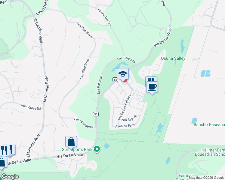 map of restaurants, bars, coffee shops, grocery stores, and more near 3623 Paseo Vista Famosa in Rancho Santa Fe